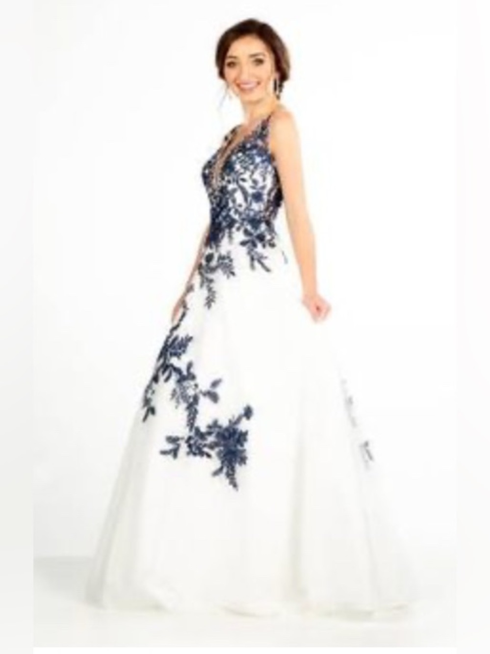 Camille La Vie White Ball Gown with Navy Floral Embroidery